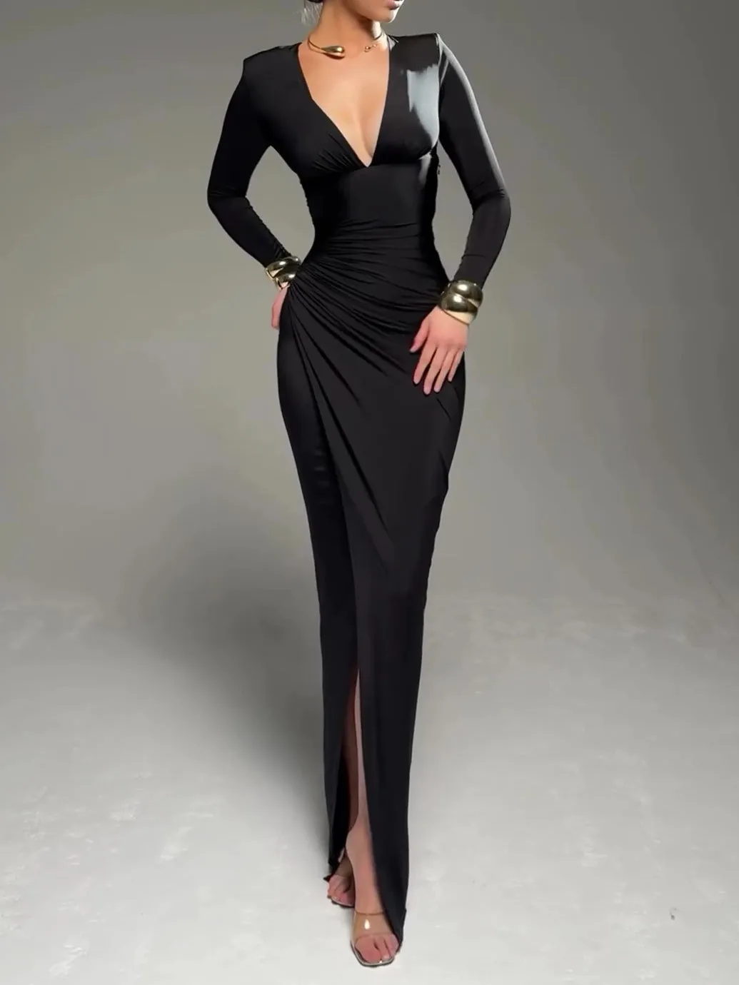 Solid Color Long Sleeve Deep V Pleated Dress for occasions