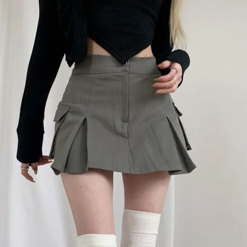 Steam Punk Utility Mini Cargo Pocket Pleated Denim Skirt