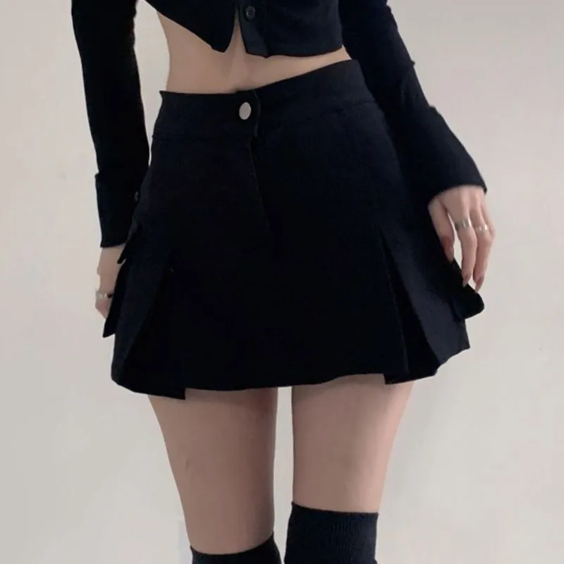 Steam Punk Utility Mini Cargo Pocket Pleated Denim Skirt