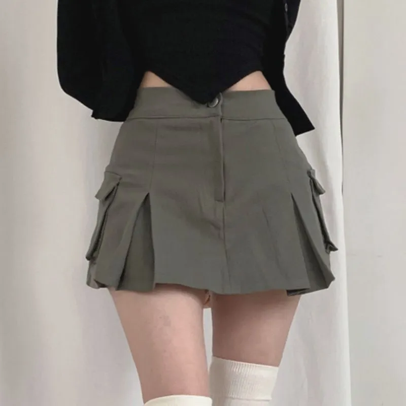 Steam Punk Utility Mini Cargo Pocket Pleated Denim Skirt