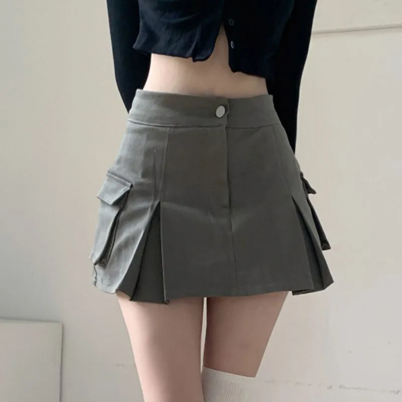 Steam Punk Utility Mini Cargo Pocket Pleated Denim Skirt