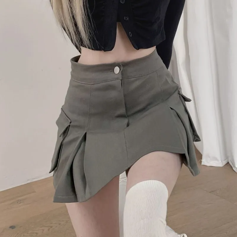 Steam Punk Utility Mini Cargo Pocket Pleated Denim Skirt