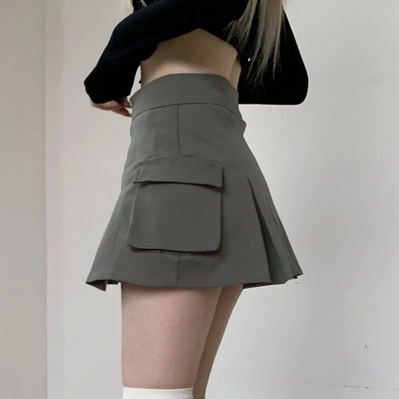 Steam Punk Utility Mini Cargo Pocket Pleated Denim Skirt