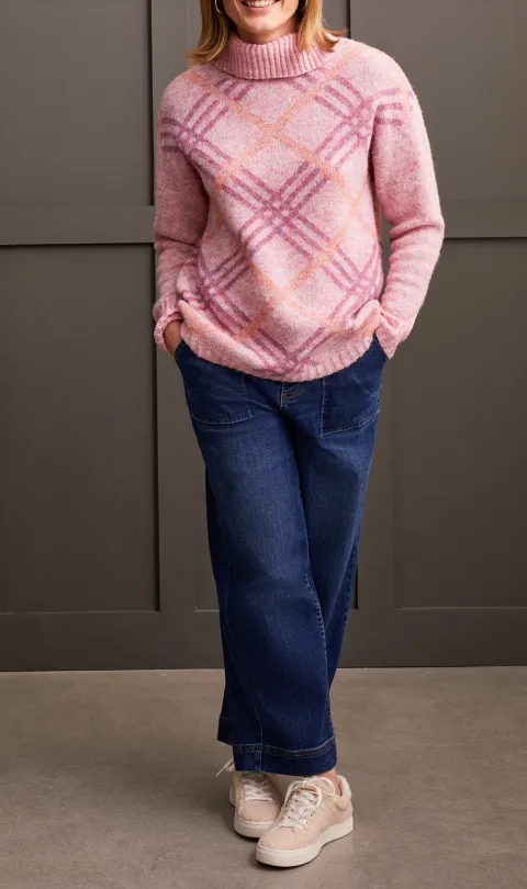 T-Neck Intarsia Sweater - Pink Lady