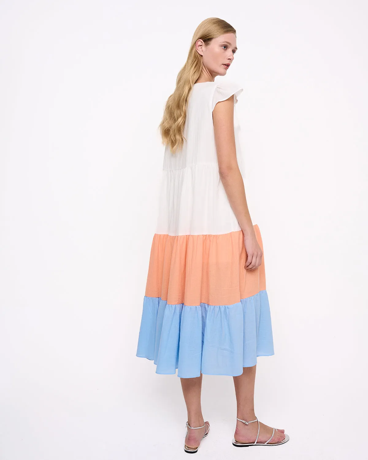 Tiered 3 Color Midi Dress White