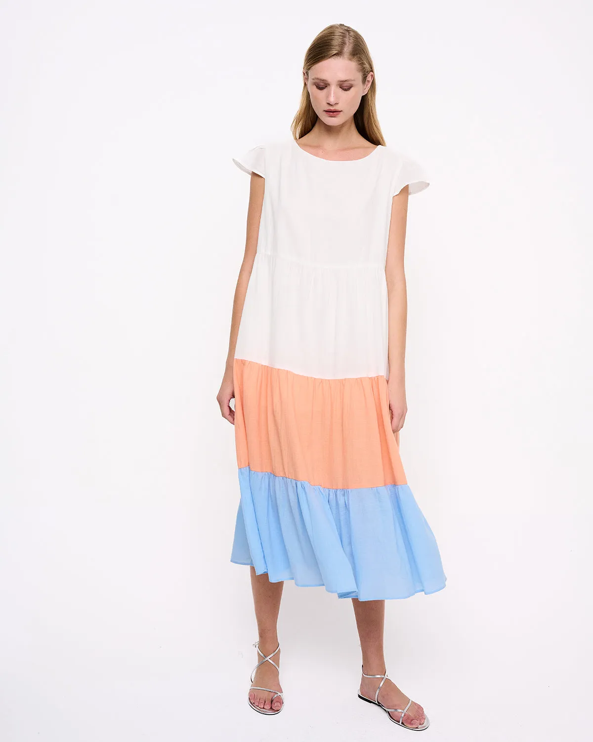 Tiered 3 Color Midi Dress White