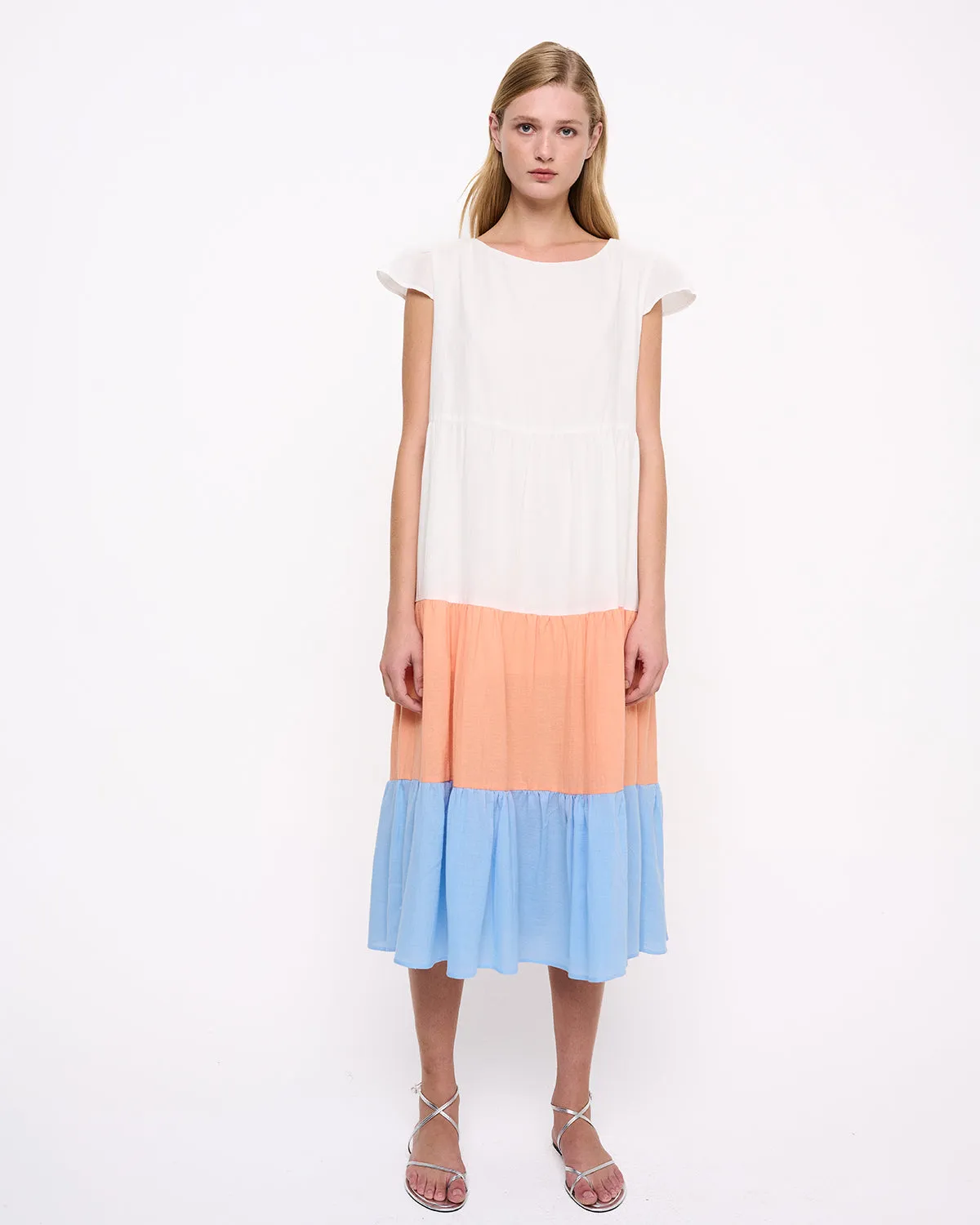 Tiered 3 Color Midi Dress White