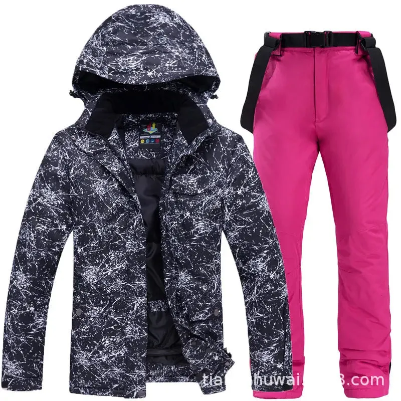 Unisex Marble Pattern Hooded Snowboard Ski Jacket and Pants Set