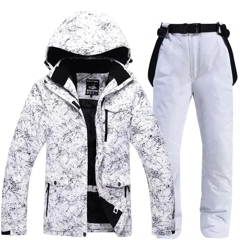 Unisex Marble Pattern Hooded Snowboard Ski Jacket and Pants Set