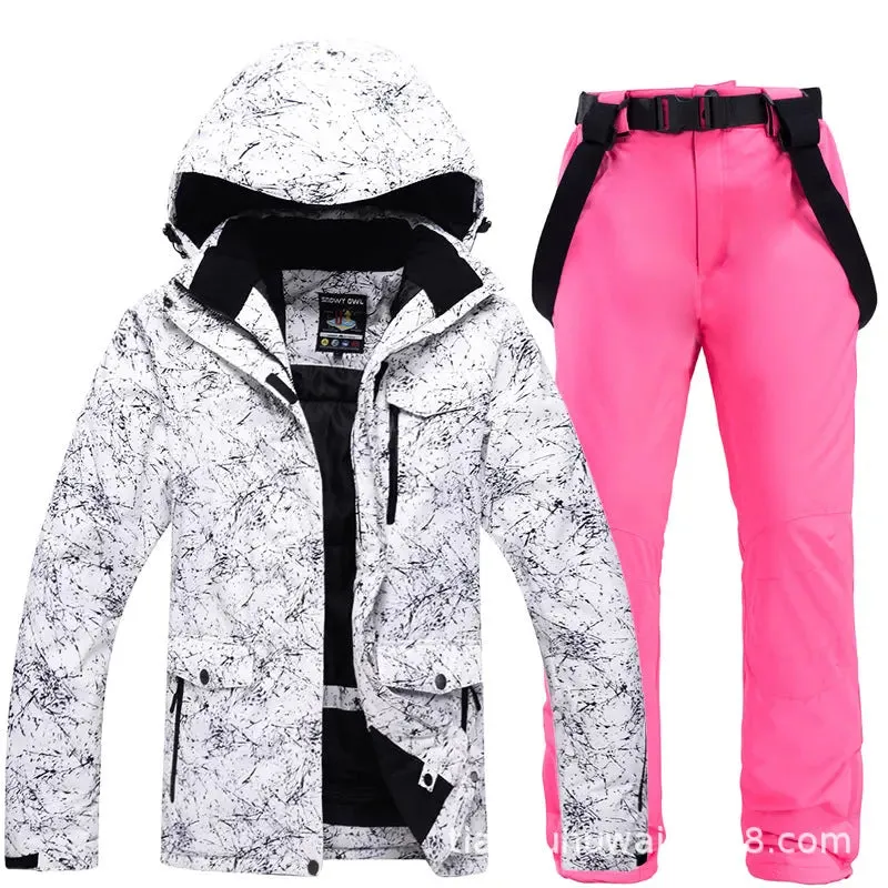 Unisex Marble Pattern Hooded Snowboard Ski Jacket and Pants Set