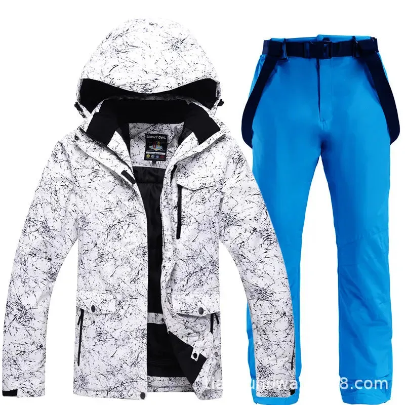 Unisex Marble Pattern Hooded Snowboard Ski Jacket and Pants Set