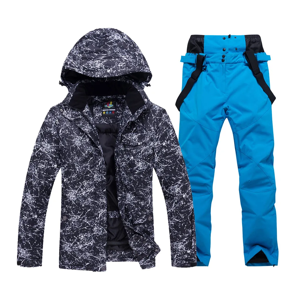 Unisex Marble Pattern Hooded Snowboard Ski Jacket and Pants Set