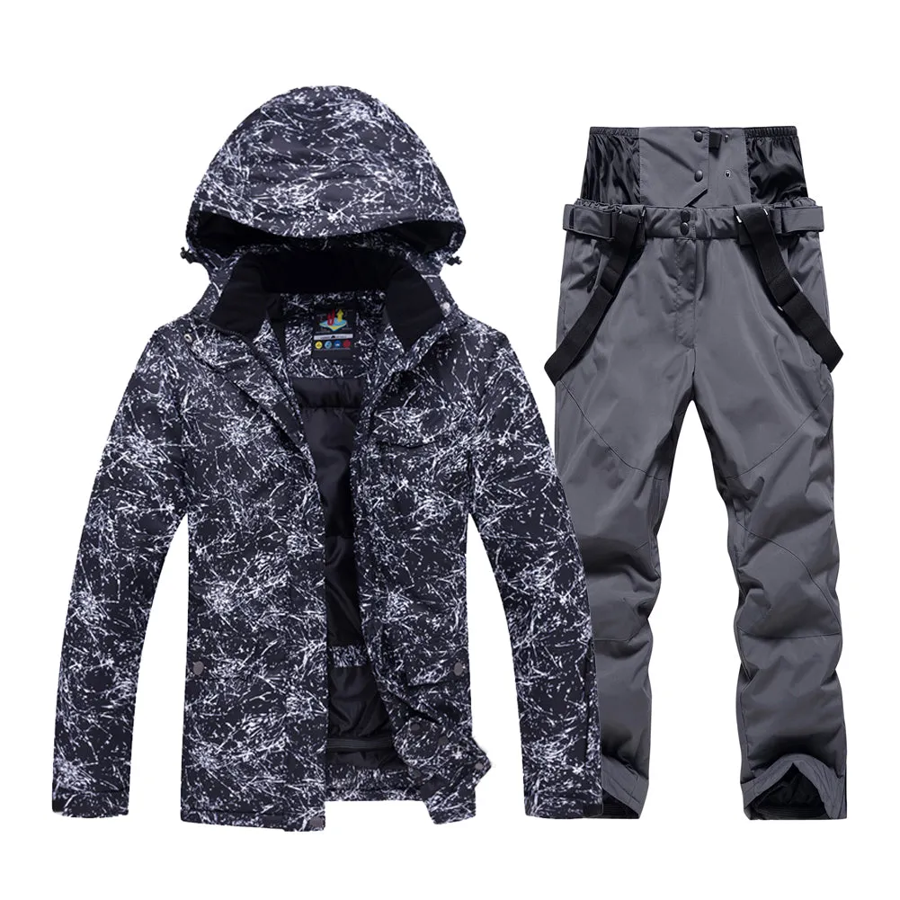 Unisex Marble Pattern Hooded Snowboard Ski Jacket and Pants Set