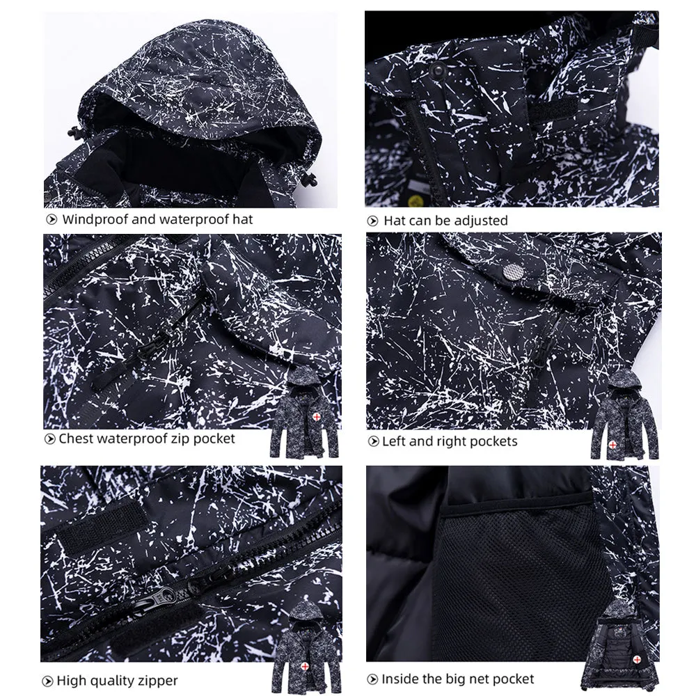 Unisex Marble Pattern Hooded Snowboard Ski Jacket and Pants Set