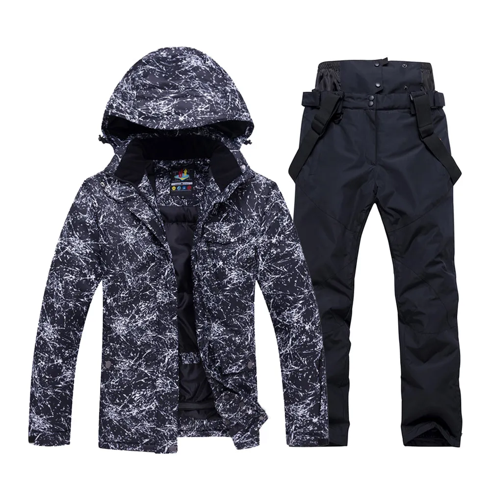 Unisex Marble Pattern Hooded Snowboard Ski Jacket and Pants Set
