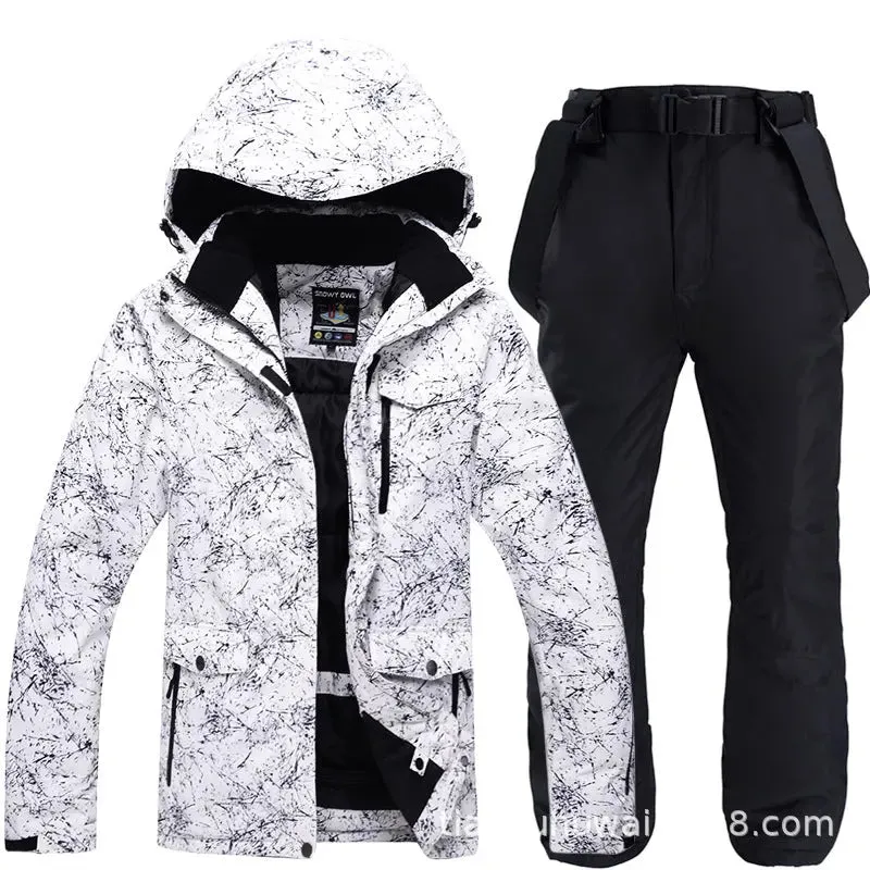 Unisex Marble Pattern Hooded Snowboard Ski Jacket and Pants Set