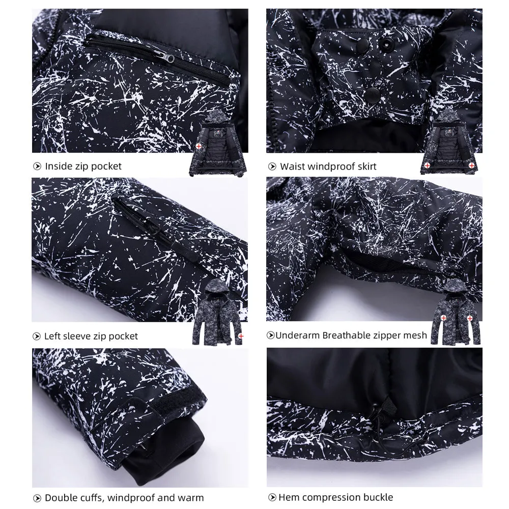 Unisex Marble Pattern Hooded Snowboard Ski Jacket and Pants Set