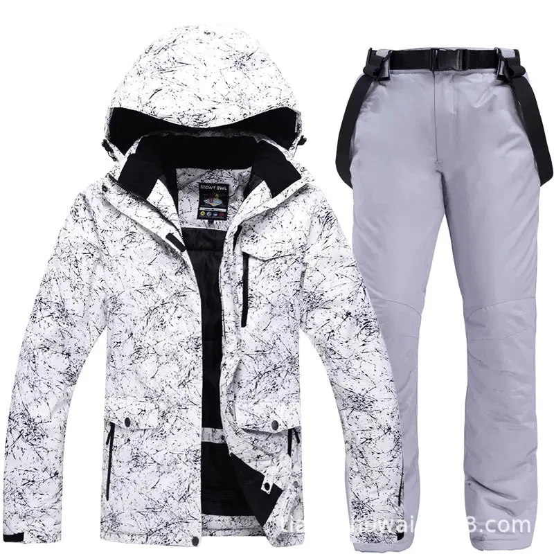 Unisex Marble Pattern Hooded Snowboard Ski Jacket and Pants Set