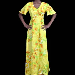 Vintage Royal Hawaiian Dress Yellow Maxi Tiki A Line Bohemian 70s Tropical Size XXS
