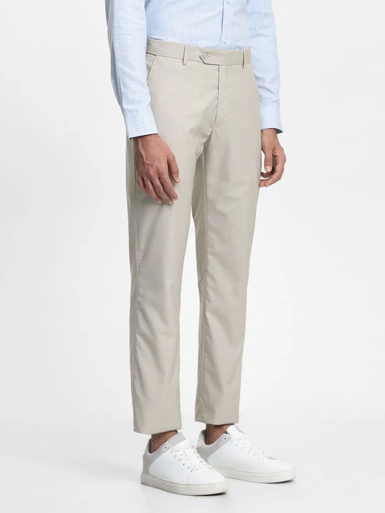 WES Formals Dobby Beige Relaxed-Fit Mid-Rise Trousers