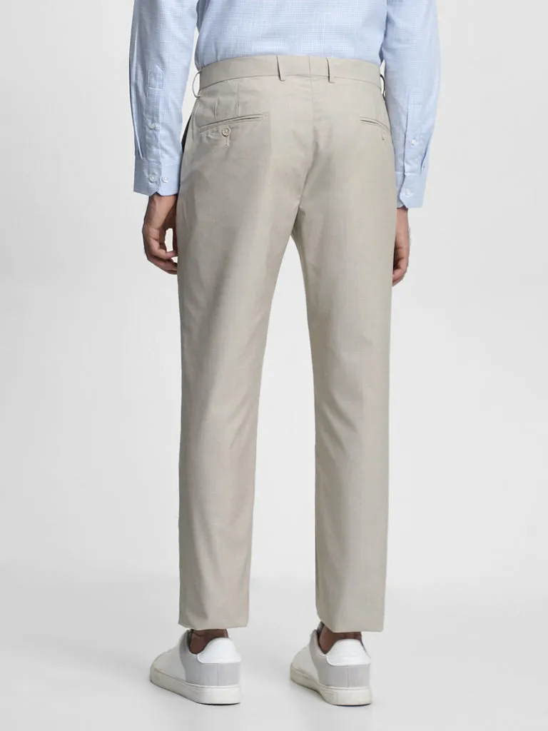 WES Formals Dobby Beige Relaxed-Fit Mid-Rise Trousers