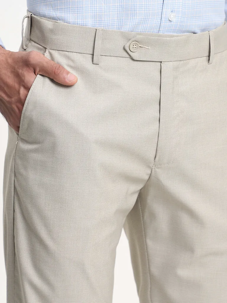 WES Formals Dobby Beige Relaxed-Fit Mid-Rise Trousers