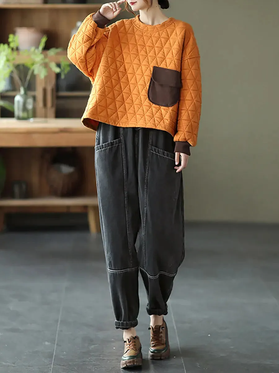 Women Spliced Denim Fleece-lined Pants
