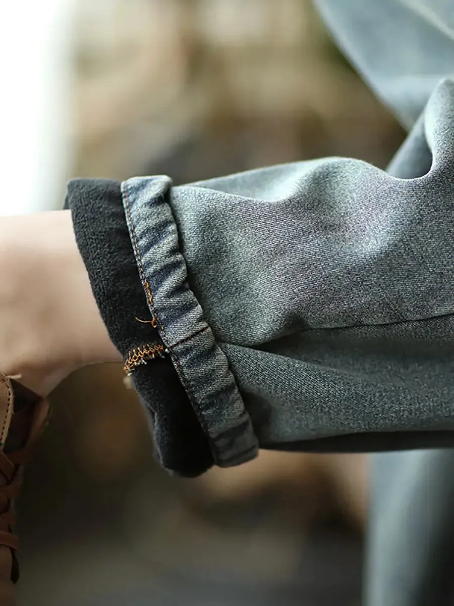 Women Spliced Denim Fleece-lined Pants