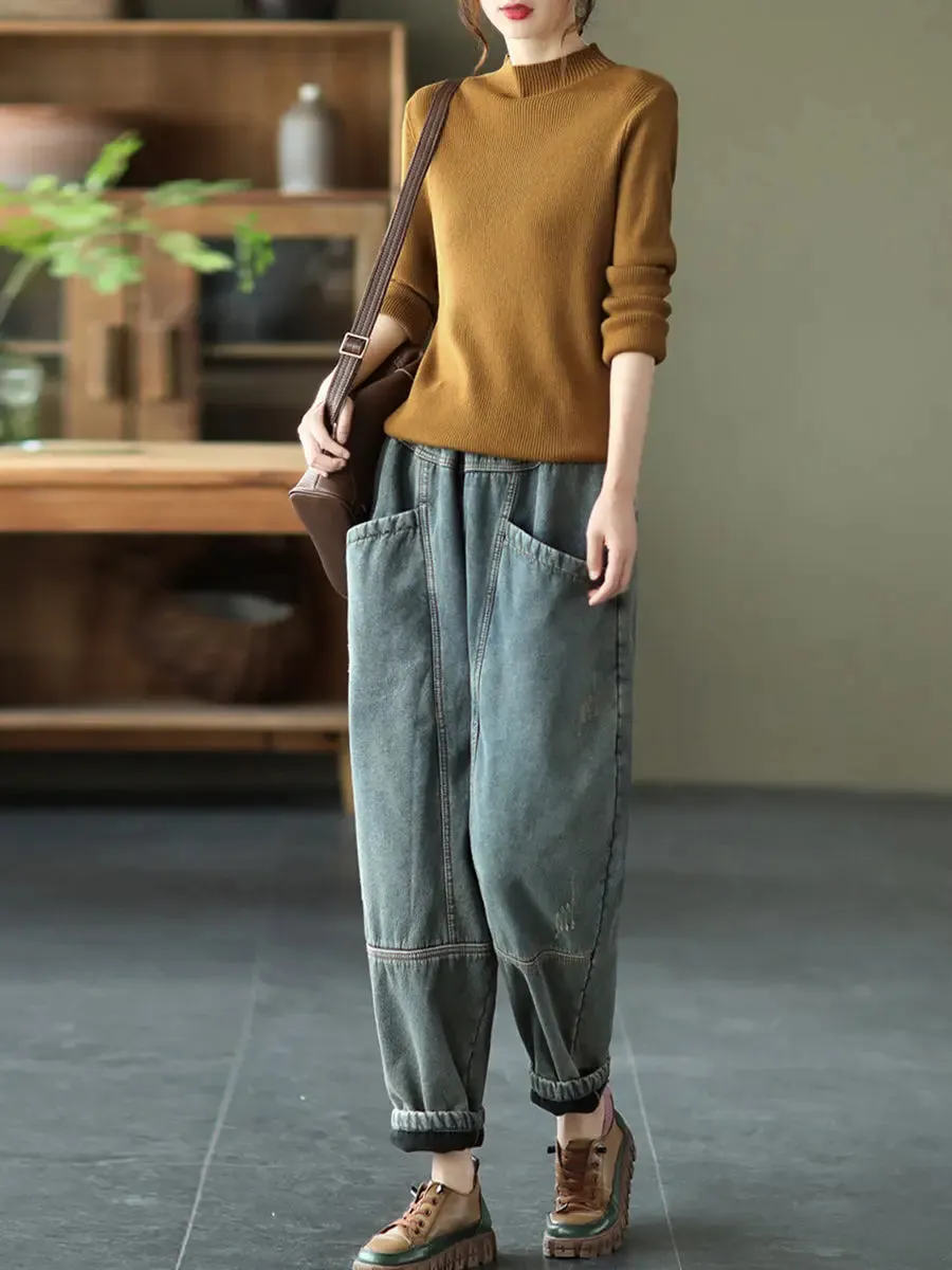Women Spliced Denim Fleece-lined Pants