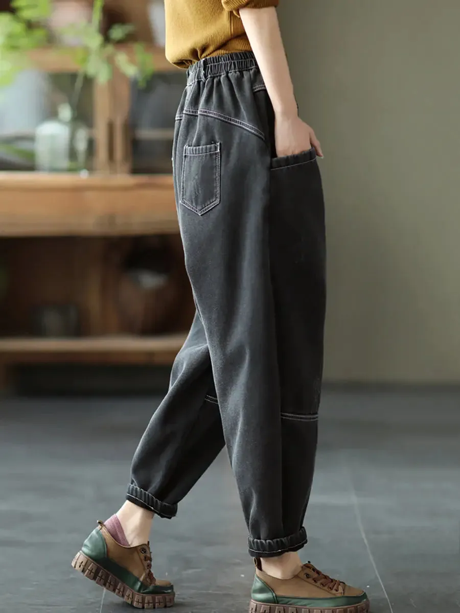 Women Spliced Denim Fleece-lined Pants