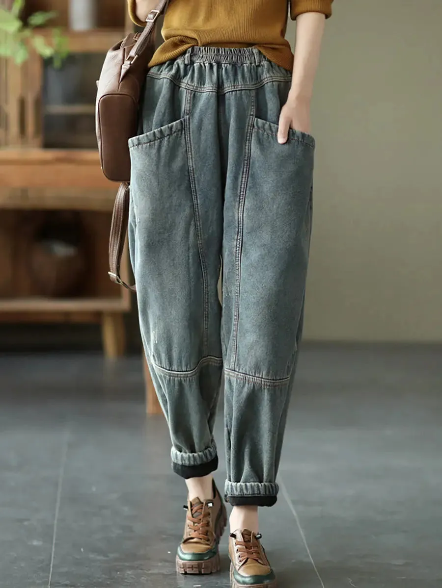 Women Spliced Denim Fleece-lined Pants
