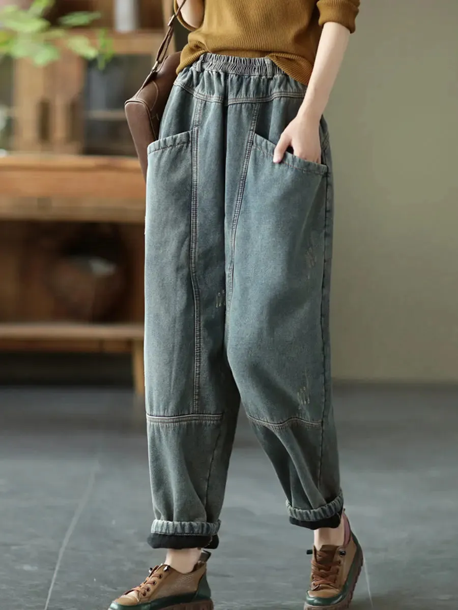 Women Spliced Denim Fleece-lined Pants