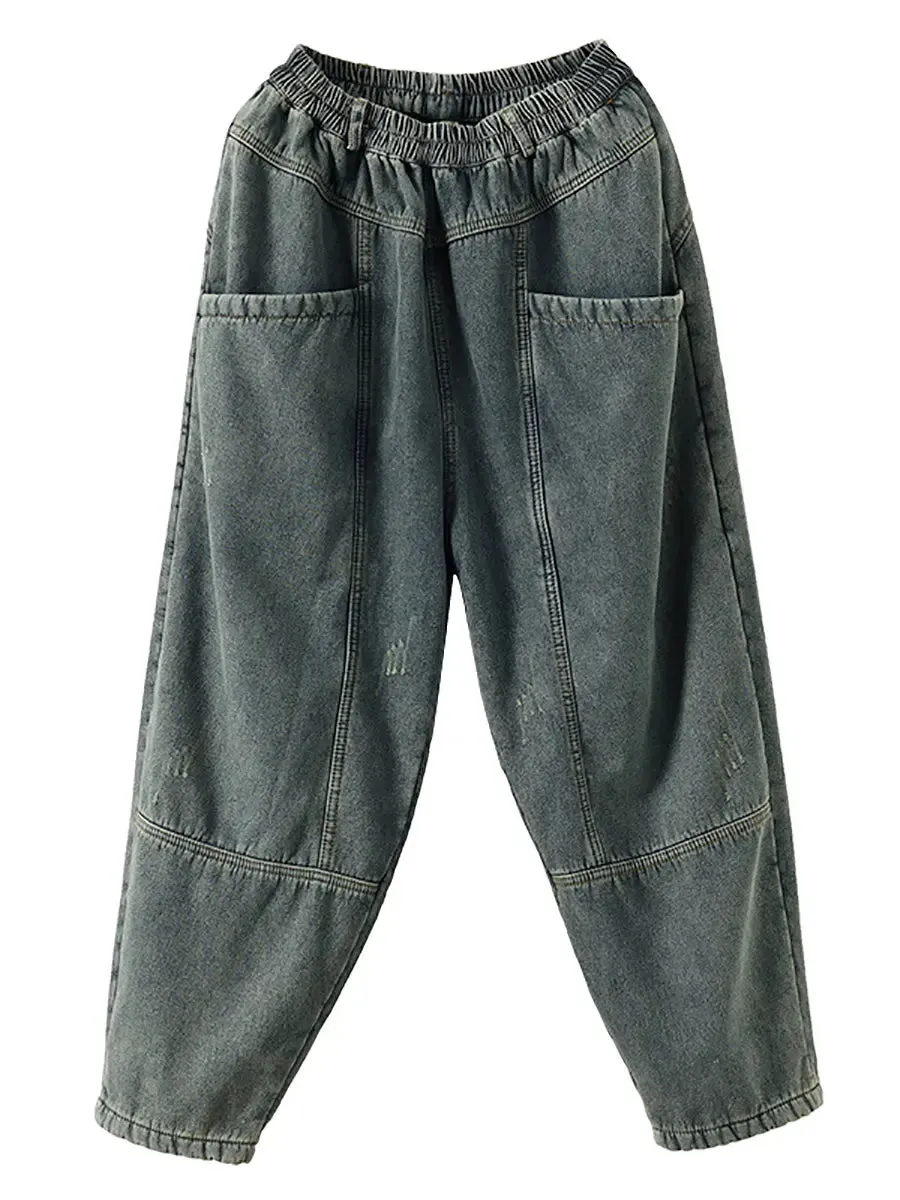 Women Spliced Denim Fleece-lined Pants
