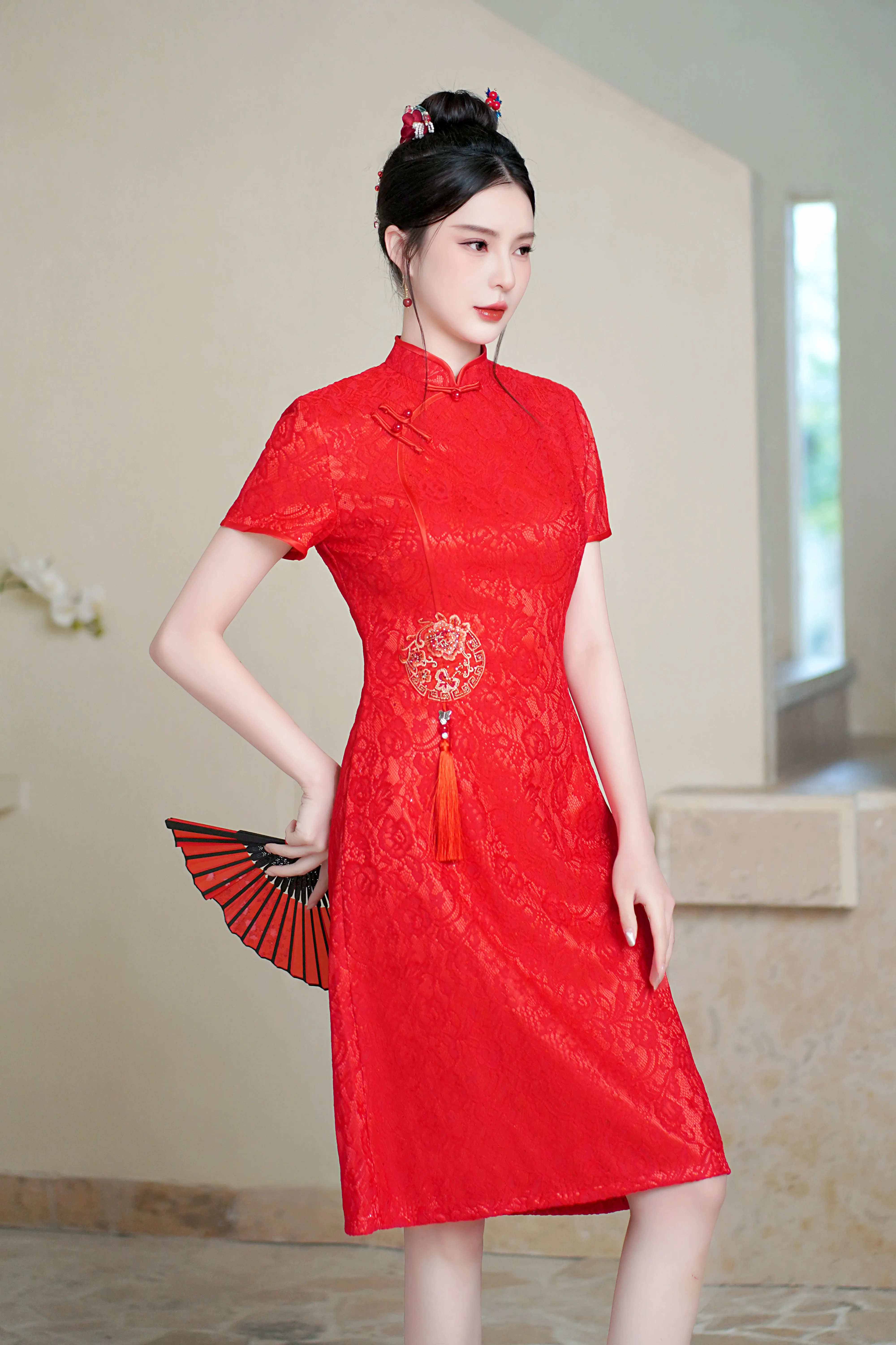 Women's Chinese Cheongsam Solid color Mini Lace Dress