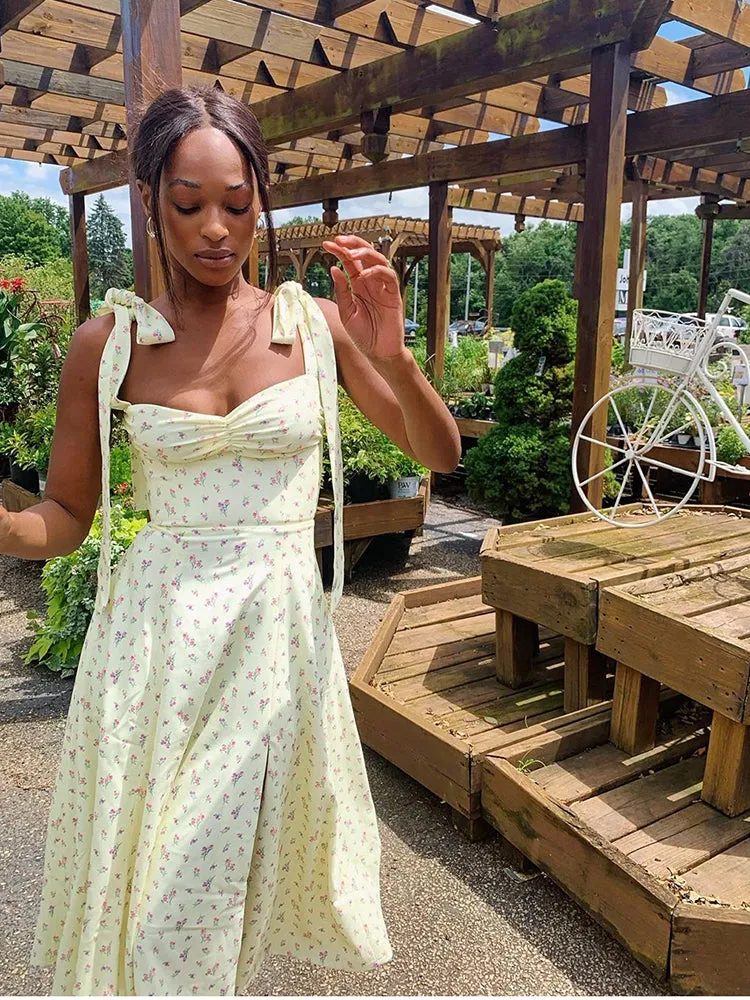 Yeknu Dress Women Sexy Side Split Floral Ladies Dress Yellow Printn Summer Sleeveless Tie Up Bow Strap Elegant Midi Dresses Casual